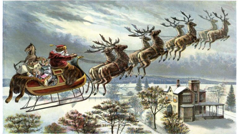 Vintage colour lithograph from 1898 showing Father Christmas and his reindeer flying through the sky in the history of Santa Claus