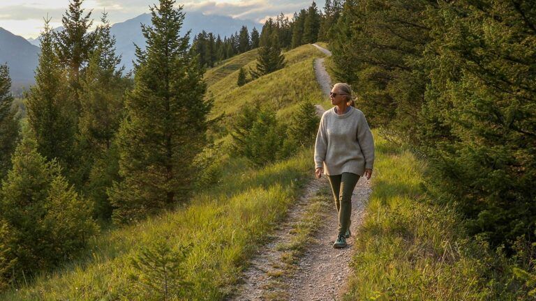 A woman walks on a mountain path