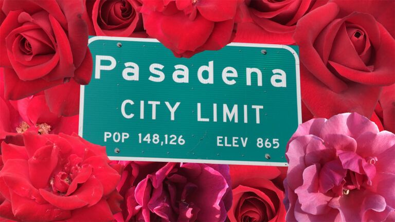 Pasadena sign enveloped with roses.