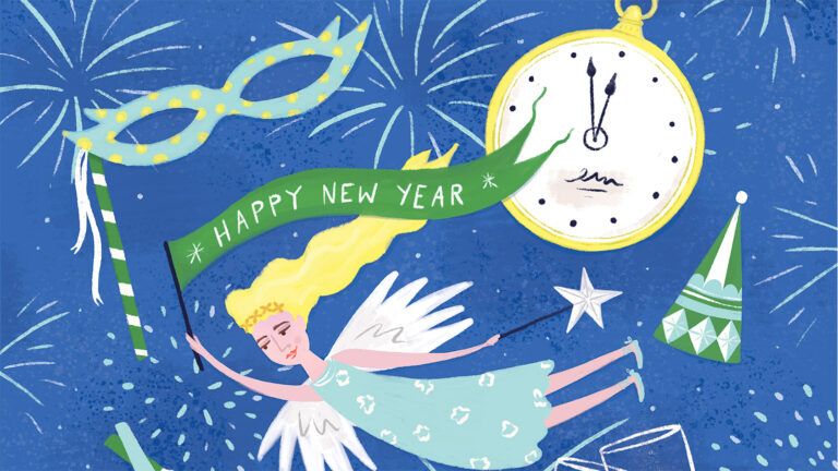 Illustration of an angel holding a New Year's banner; By Susanna Harrison