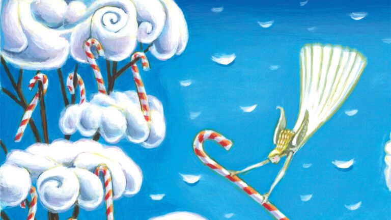Illustration of an angel holding a candy cane; By Tim Zeltner