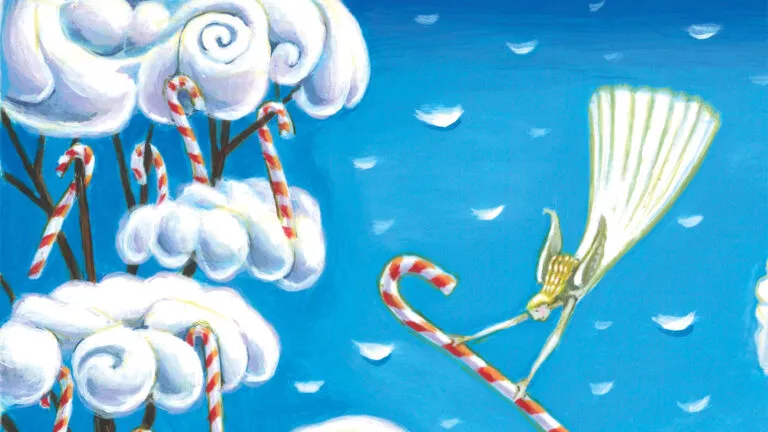 Illustration of an angel holding a candy cane; By Tim Zeltner