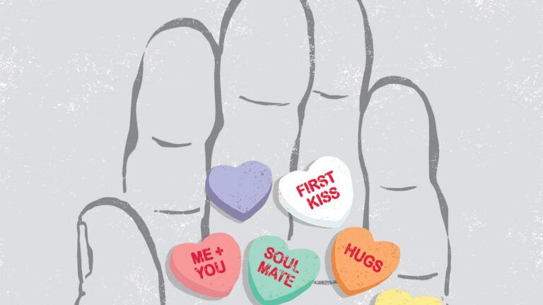 Illustration of a hand holding Valentine candy; By Gwenda Kaczor