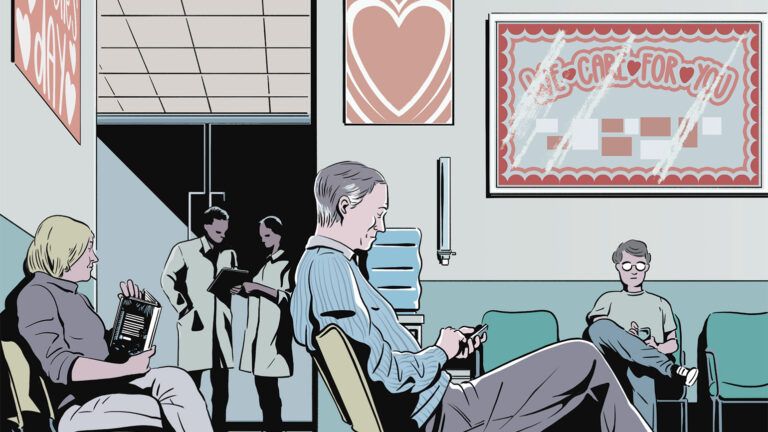 Illustration of patients in a waiting room on Valentine's Day; By Gustavo Magalhaes