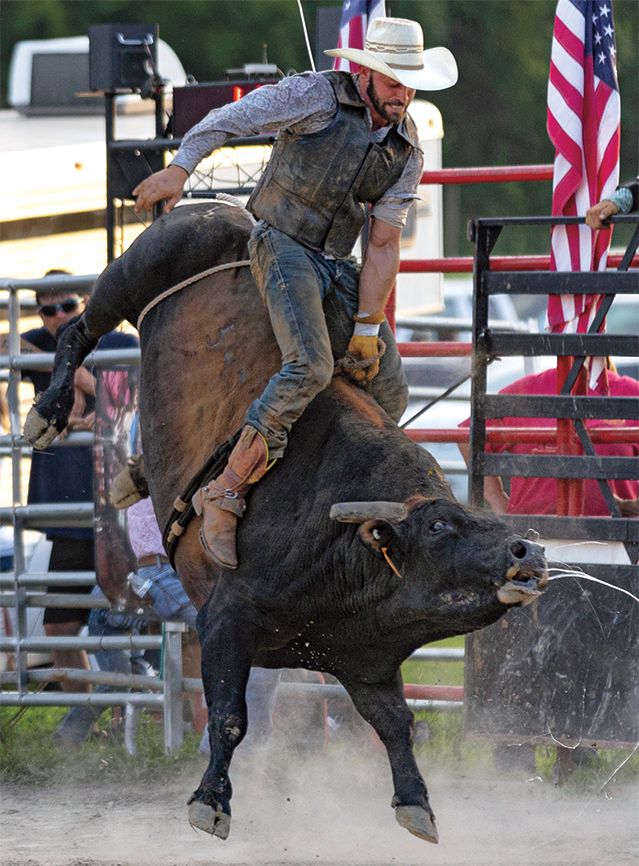 A bullrider hangs on during a rough ride; photo by Wade Payne