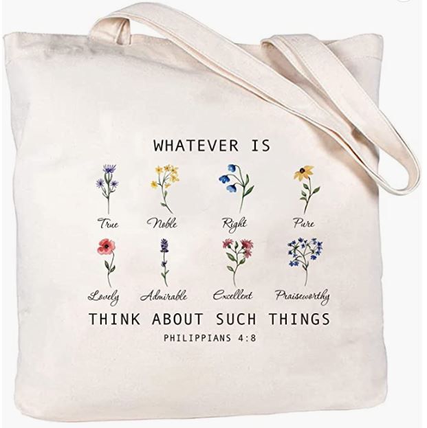 Lent gifts tote bag with flower illustrations and scripture