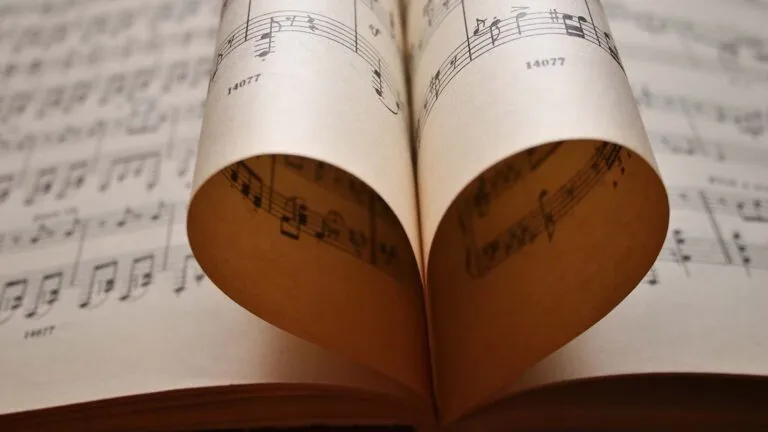 Lent hymn sheet music wrapped into a heart shape