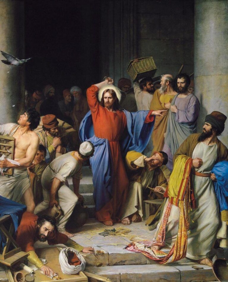 Jesus casting out the money changers at the temple on Holy Monday devotion