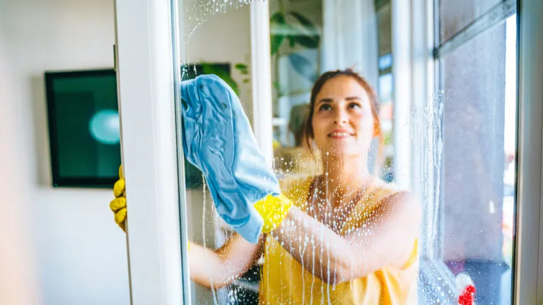 Woman washing her windows for spring