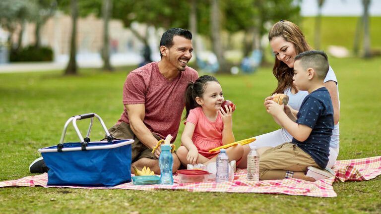 Family enjoying a picnic in the park for their spring activities