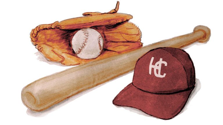 A baseball bat, cap and glove; illustration by Dan Bransfield