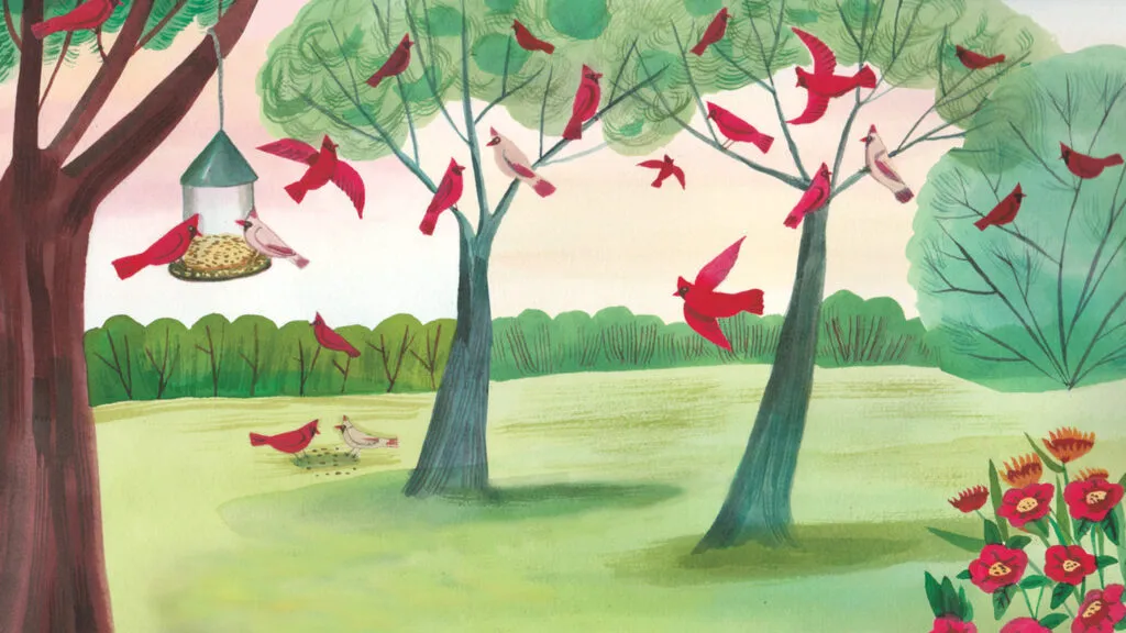 An illustration of a flurry of cardinals angels in flight outdoors. Illustration by Giselle Potter